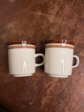 Sienna & Beige Stoneware Cups, Vintage Carousel Set Of 2, Stoneware Coffee Mugs